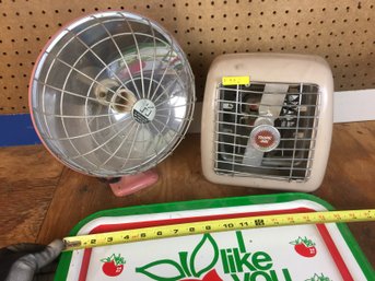 2 Vintage Metal Space Heaters (tropic Aire) (K) With A Red White Green Metal Bed Tray (I Like You Apple)