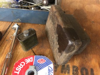 Vintage Blue Tool Box Tray With  Air Pressure Gage Pully Military Oil Metal Working Tool Sears Chain Saw Gage