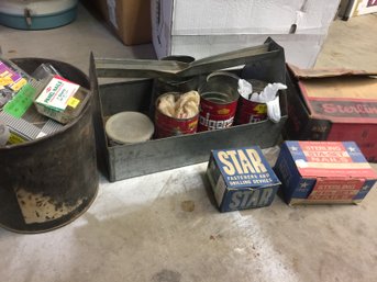 Vintage Metal Bucket  With Handle And Vintage  Metal Tool Tray With Finishing Nails In Vintage Cans