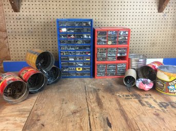 2 Large Metal Bins With Small Plastic See Thru Drawers With Hardware 3 Vintage Cans & Card Board With Nails