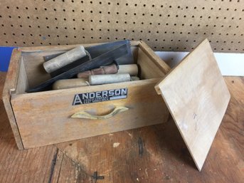 Vintage Wood Box Labeled  Anderson Coach Company  & Concrete Finishing Tools & Floor Mastic Tools  See Photo