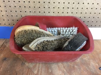 5 Vintage Hand Brushes  Some With  Plastic And Natural Brush Bristles In A  Red Tub (see Photo)