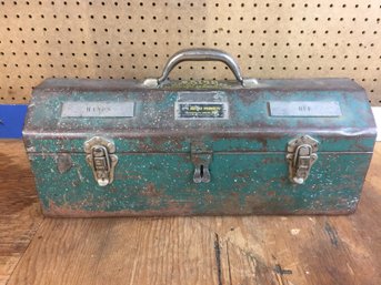 Vintage Metal Tool Box  With Hinged Lid & Tray & Tools - Vicegrip  Cutter Plyers Pipe Wrench( See Photo)