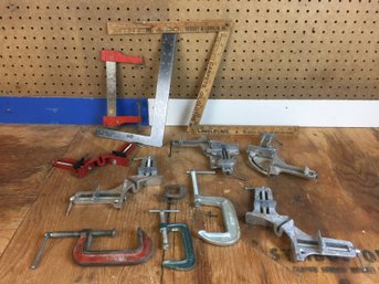 Vintage Folding Wood Ruler & C Clamps & Corner Clamps & Stanley Sliding Bar Clamp (see Photo)