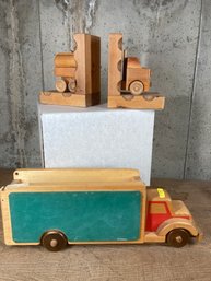 Folk Art  Hand Crafted Wood Truck & Wood Truck Book Ends  (see Photo)