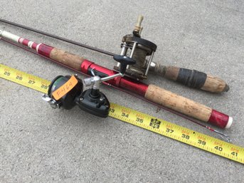 Vintage Rod And Reel (fishing Poles) 1 With Cork Handle 1 With Wood Handle