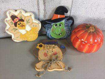 3 Wooden Painted Fall/Halloween Themed Decorations, & Ceramic Pumpkin