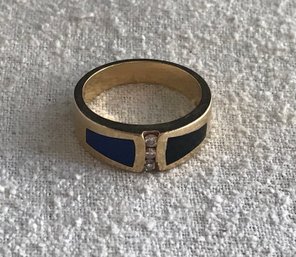 Beautiful Vintage, 14 K Gold Ring, With Three Diamonds & Blue & Black Stone