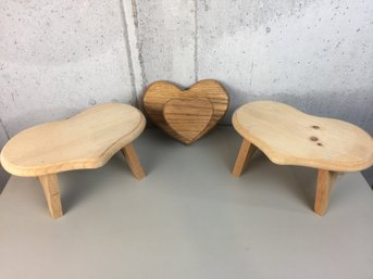 3 Handmade Wooden Heart Shaped Pieces Featuring 2 Small Stools & A Towel Rack