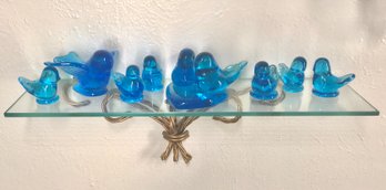 Collection Of Blue Hand Blown Glass Birds With Glass & Metal Wire Shelf