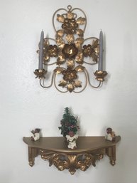 Golden Colored Wall Sconce  & Candle Holder With  Small Christmas Tree & Angel Statues (please See Photos)