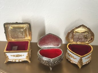 2 Music Box Jewelry Boxes & One Small Hear Shaped Metal Jewelry Box