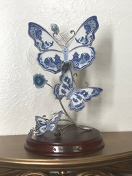 Flights Of Fancy-  Butterfly's Porcelain  Art With Metal And Wood Base (Please See Photos)