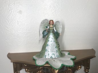 Greenish Angel Figurine With Dollie (art Has Clover & Green Glass Jewel & Blessing Saying) Shelf Not Included