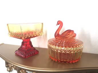 Carnival Glass Swan Candy Dish Approx. 5' Tall  & Square Candy Dish About 4.5' Tall -shelf Not Included