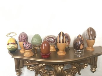 11 Wooden & Other Fancy Eggs In Holders (Shelf Not Included) Agate,  Marble, & Stone (see Photos)