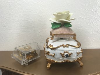 Capodimonte Type Rose Music Box  Approx. 6''  & Clear Plastic Music Box. Shelf Not Included (see Photos)