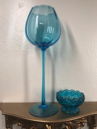 Art Glass Long Stemmed Blue Wine Glass And Blue Pressed Glass Candy Dish