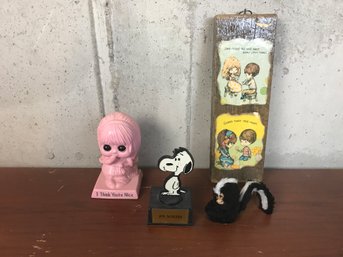 Snoopy Figurine, Skunk Figurine,  Pink Girl With Black Eyes, Wood Wall Art Girl & Boy 'some People Are Nice...