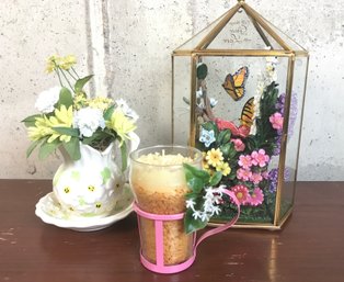 Glass Cage With Butterfly's 'all Things Grow With Love' . Small  Pitcher And Bowl W Flowers, Pink Candle Mug