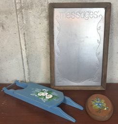 Desk Top Art.  Framed Punched Out Tin,  Small Blue Sled With Flowers, Small Round Paper Weight (see Photos)