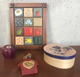 Desk Art, Wooden Apple, Wooden Hat Type Box W Farm Scene,  Wood Wall Art ' Be Glad You Are Loved' ( See Photos