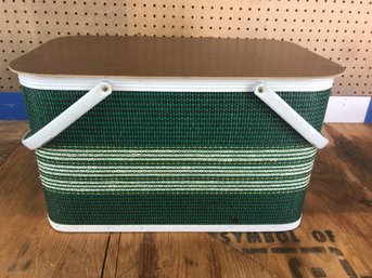 Vintage Picnic Basket  (about 18 1/2 ' Long) With Camping Dishes (see Photos)