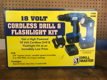 18 Volt  DC Cordless Drill & Flashlight Kit In Box.  Drill Master Brand  Battery And Charger Included