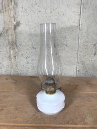 Oil Lamp White Glass  (like Hobnail ) With  Approx. 12' Glass Chimney (no Marking On Bottom Of Lamp)