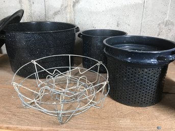 Iron Ware Enamled Canning Pots With Lids And Jar Lifter  And Strainer (about 12' Tall)