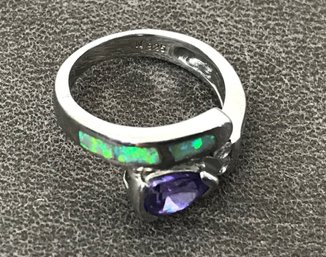 Sterling Silver & Opal Inlay Ring With Purple Stone Approx. Size 5.5