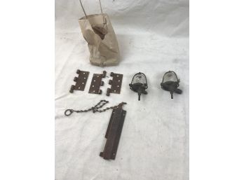 Assortment Of Miscellaneous Antique Pieces Including Sliding Door Lock, Hinge Parts & Brass/glass Strainers