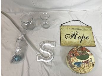 Assortment Of Decorations Featuring Metal 'hope' Wall Sign, Two Glass Vases & More