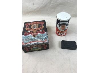 Three Vintage Tin Containers Featuring Jack Daniels Box With Lid And Quaker Oats Cylinder