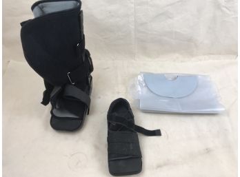 Left Foot Medical Boot & Shoe Approximately Size 8 Or 9, And Clear Plastic Leg Cast Guard For Showers