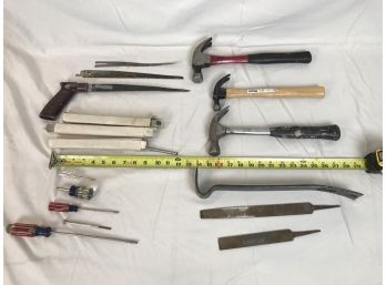 Large Box Of Assorted Tools Featuring Large Files, Three Hammers, Prybar, Screwdrivers, Drillbits & Saw