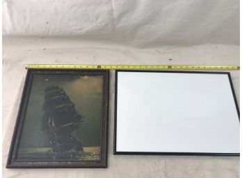 Antique Framed Picture Of Sailing Ship & Modern Black Metal Picture Frame