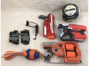 Nice Toy Lot Featuring Easton Sport Gloves, Part Of A Slingshot, Nerf Guns, Nerf Football & Soccer Ball