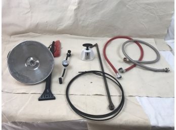 Grab Bag Box Of Assorted Garage Items Including Car AC Charger Hose/Gage, Scale, Washer Hoses & More