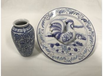 Blue Decorative Pottery Plate And Vase