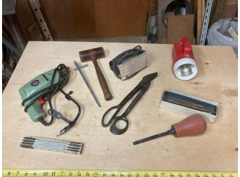 Assortment Of Vintage Tools Including Corded Drill Sander Red Plastic Flashlight And More