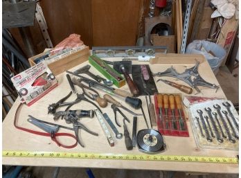 Large Lot Of Tools Including Chisels, Engraver, Aluminum Level, Wrench Set, And Antique Ratchet Screwdriver