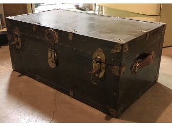 Vintage Green Metal And Composite Trunk With Leather Handles