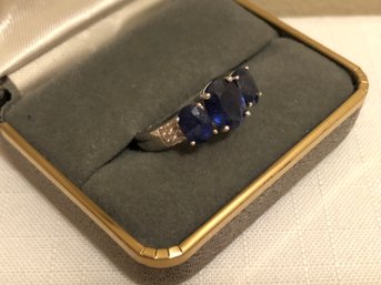 Sterling Silver BBJ Signed Blue Sapphire & Quartz Ring (5.3 Grams)