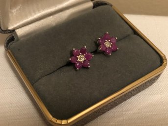 Sterling Silver DBJ Signed Ruby & Sapphire Flower Earrings (2.3 Grams)