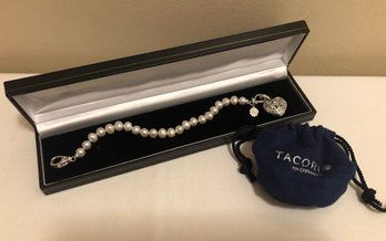 Sterling Silver Signed Tacori IV Pearl Bracelet, Removable Heart Locket & Pouch (23.0 Grams)