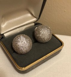 Sterling Silver Pave Quartz Button Earrings (12.4 Grams)