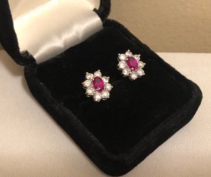Sterling Silver RP Signed Ruby & CZ Earrings (3.5 Grams)