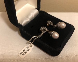 NEW!  Sterling Silver BA Signed Pearl Drop Earrings (4.7 Grams)