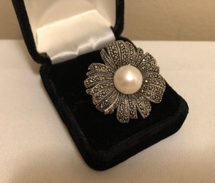 Sterling Silver CFJ Signed Marcasite Pearl Ring (15.6 Grams)